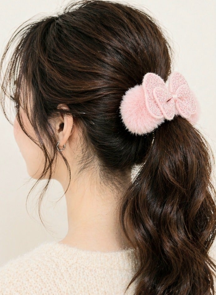 Baby Pink Faux Fur Bow Hair Tie - Image 2