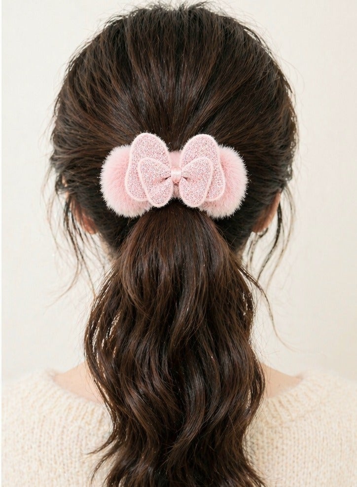 Baby Pink Faux Fur Bow Hair Tie - Image 3