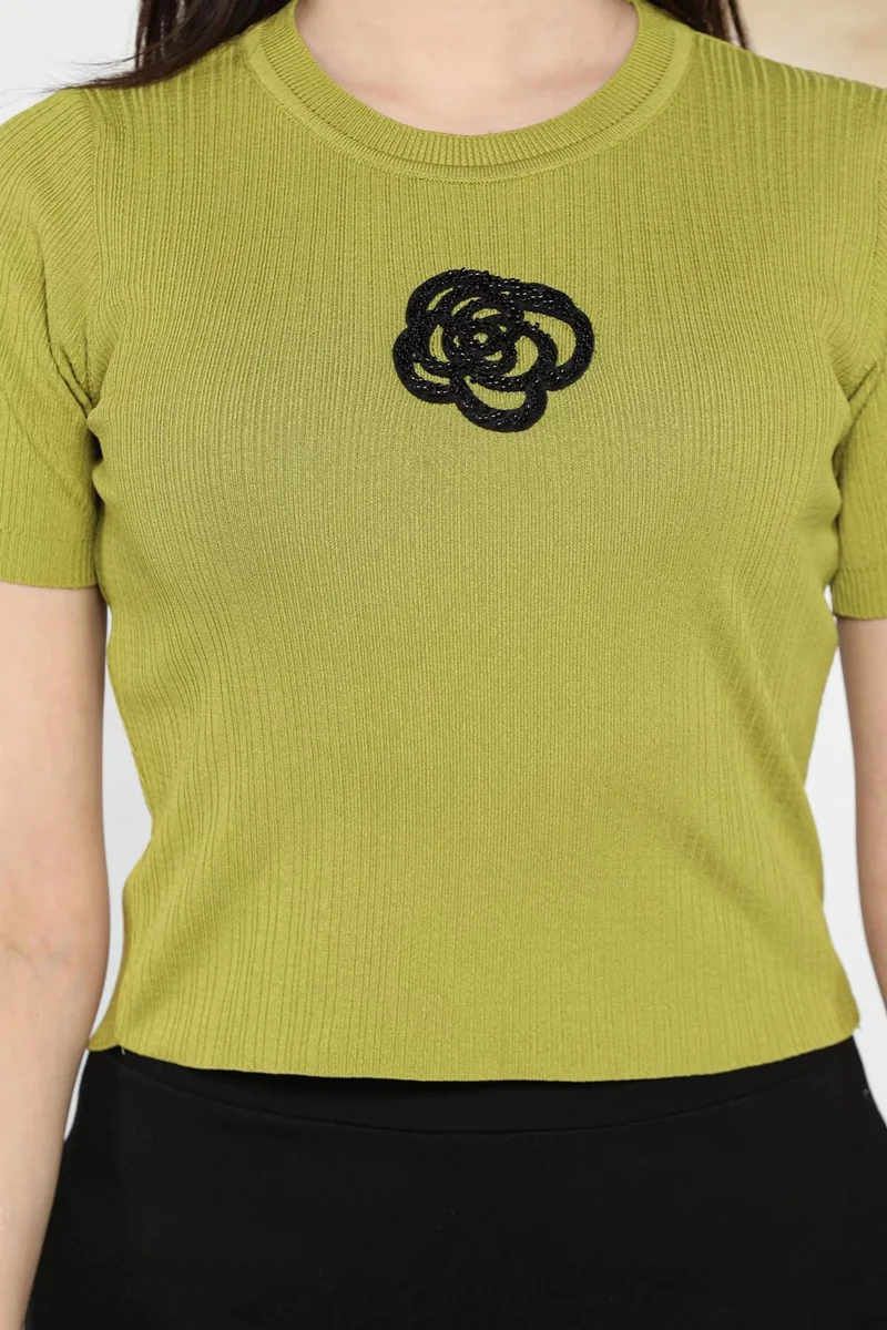جولسلي Self Patterned Front Rose Embroidered Women's Crop Top Blouse