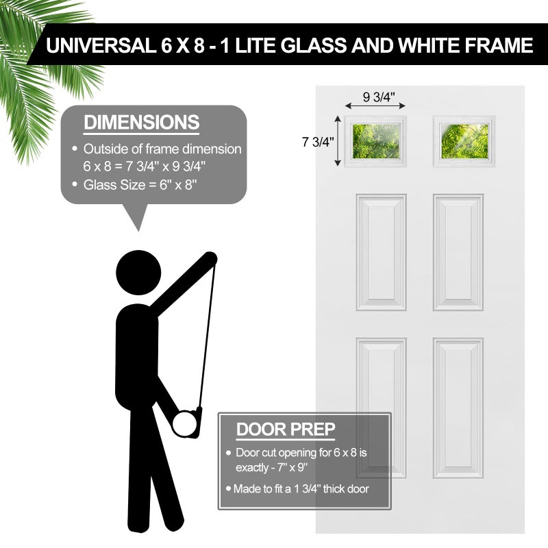 Pushglossy 10" x 8" Entry Door Clear Glass Insert Low-e 1 Lite White Frame Easy to Install Window Grille Inserts for Garage Replacement Double Panels Glass Windows Exterior Door Frame Replacement Kit - Image 2