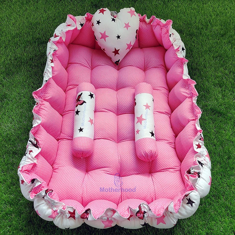 MOTHERHOOD MOTHERHOOD Rectangle Baby Tub Bed and 3 pc Pillow Luxury Mattress Bed Sleeper Bedding Set Safe Cotton Fabric RFilled UltraSoft Comfortable for Newborn to Toddlers ZPink S D