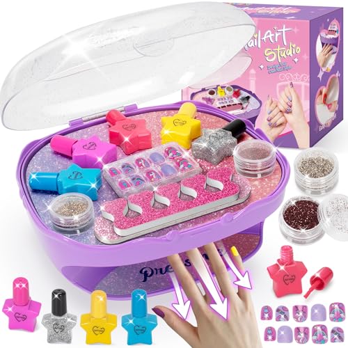 RIANEAN Girls Nail Polish Set Purple Toys for Girl Age 5 6 7 8 9 10 Nail Care Kit with Nail Polish Nail Dryer Fake Nails Nail Glitter Filer and Toe Separator for Girls 58 - Image 1