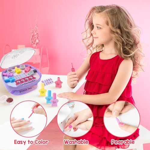 RIANEAN Girls Nail Polish Set Purple Toys for Girl Age 5 6 7 8 9 10 Nail Care Kit with Nail Polish Nail Dryer Fake Nails Nail Glitter Filer and Toe Separator for Girls 58 - Image 5