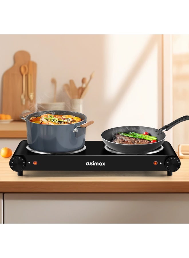 كوسيماكس موقد كهربائي، لوحة مزدوجة بالأشعة تحت الحمراء 1200 واط & 1200 واط، درجة حرارة قابلة للتعديل بشكل مستقل، من الفولاذ المقاوم للصدأ، متوافق مع جميع أنواع أواني الطهي، مناسب للاستخدام المنزلي، أسود. - Image 2