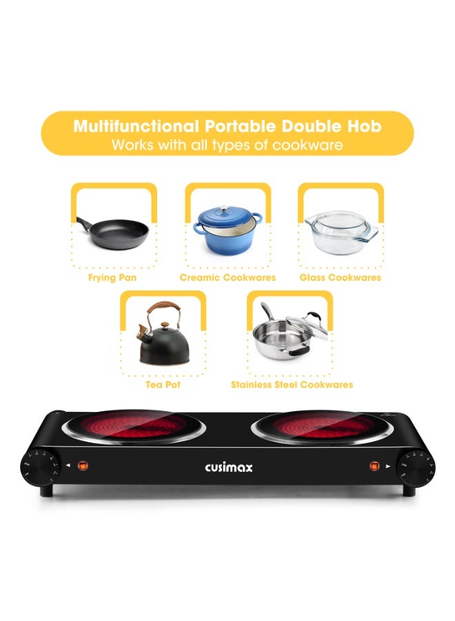 كوسيماكس موقد كهربائي، لوحة مزدوجة بالأشعة تحت الحمراء 1200 واط & 1200 واط، درجة حرارة قابلة للتعديل بشكل مستقل، من الفولاذ المقاوم للصدأ، متوافق مع جميع أنواع أواني الطهي، مناسب للاستخدام المنزلي، أسود. - Image 5