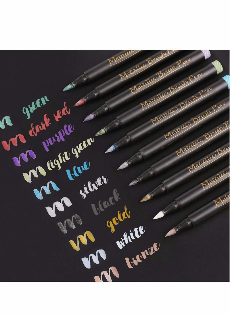 XiuWoo Metallic Brush Marker Pens - Art Markers for Calligraphy, Lettering, Black Paper, Rock Painting, Card Making, Scrapbooking, Fabric, Metal, Ceramics, Wine Glass, Set of 10 - Image 1