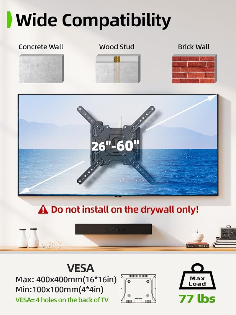 USX MOUNT Full Motion TV Wall Mount for 26-60 inch up to 77 lbs, Single Stud Corner TV Mount Bracket with Swivel Tilt Articulating, Monitor Wall Bracket Fit Max VESA 400x400mm - Image 3