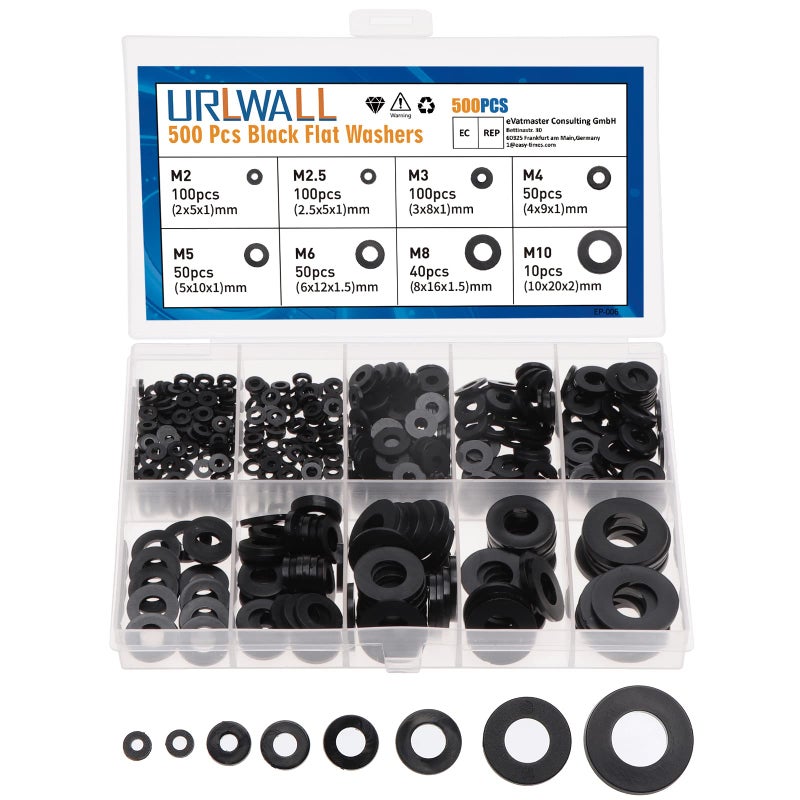 URLWALL 500Pcs Nylon Flat Washer Assortment Set, Washers Metric Sealing Spacer Gasket Ring Washers Set, 8 Sizes - M2, M2.5, M3, M4, M5, M6, M8, M10 (Black) - Image 1