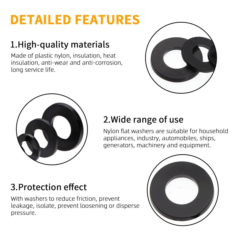 URLWALL 500Pcs Nylon Flat Washer Assortment Set, Washers Metric Sealing Spacer Gasket Ring Washers Set, 8 Sizes - M2, M2.5, M3, M4, M5, M6, M8, M10 (Black) - Image 5