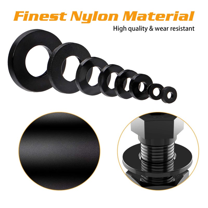 URLWALL 500Pcs Nylon Flat Washer Assortment Set, Washers Metric Sealing Spacer Gasket Ring Washers Set, 8 Sizes - M2, M2.5, M3, M4, M5, M6, M8, M10 (Black) - Image 3
