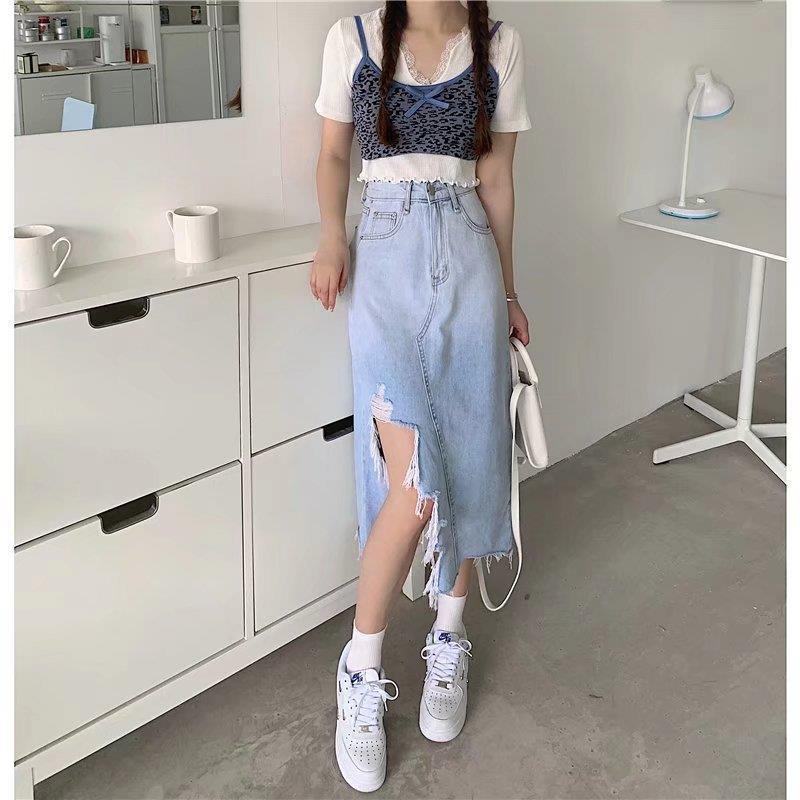 2023 New Gradient Design Sense American Hot Girl High Waist Denim Skirt Summer plus size chubby girl Covering Cross Slim Sheath - Image 5