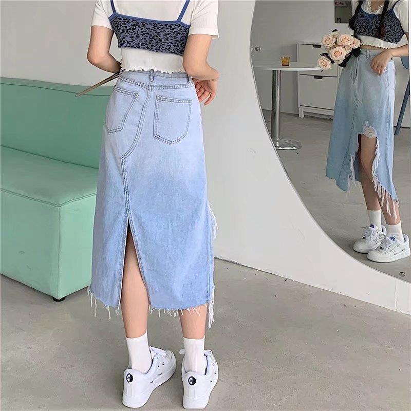2023 New Gradient Design Sense American Hot Girl High Waist Denim Skirt Summer plus size chubby girl Covering Cross Slim Sheath - Image 4