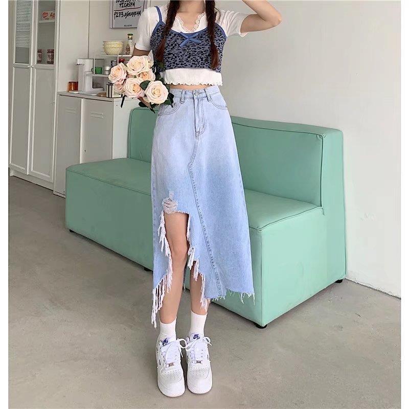 2023 New Gradient Design Sense American Hot Girl High Waist Denim Skirt Summer plus size chubby girl Covering Cross Slim Sheath - Image 2