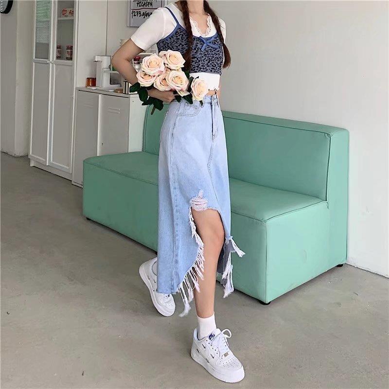 2023 New Gradient Design Sense American Hot Girl High Waist Denim Skirt Summer plus size chubby girl Covering Cross Slim Sheath - Image 3