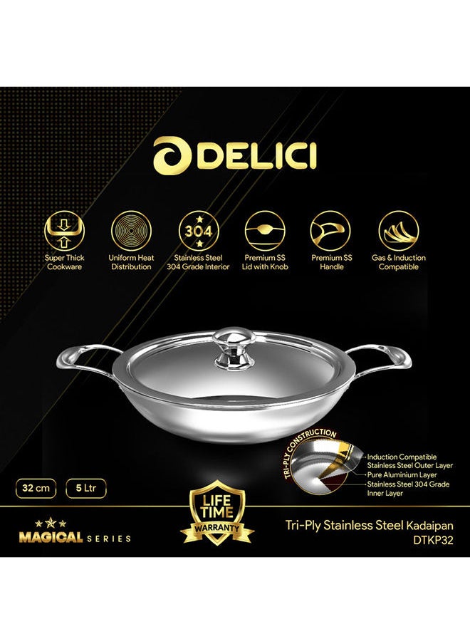 DELICI Stainless Steel Tri Ply Kadai Pan 32cm with Lid – Premium 5L Stainless Steel & Aluminium Cooking Pot for Induction, Gas, and Ceramic Cooktops – Durable, Oven Safe with Flared Rim & Riveted Handle  - Image 2