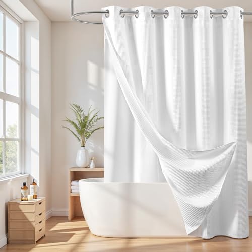 River Dream Cotton Blend No Hook Shower Curtain with Snap in Liner, Hotel Grade Shower Curtains for Bathroom, Water Repellent, White, 71W x74 L - Image 1