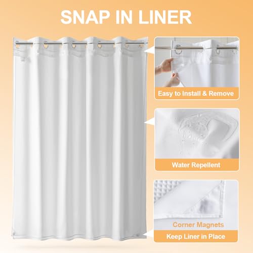 River Dream Cotton Blend No Hook Shower Curtain with Snap in Liner, Hotel Grade Shower Curtains for Bathroom, Water Repellent, White, 71W x74 L - Image 3