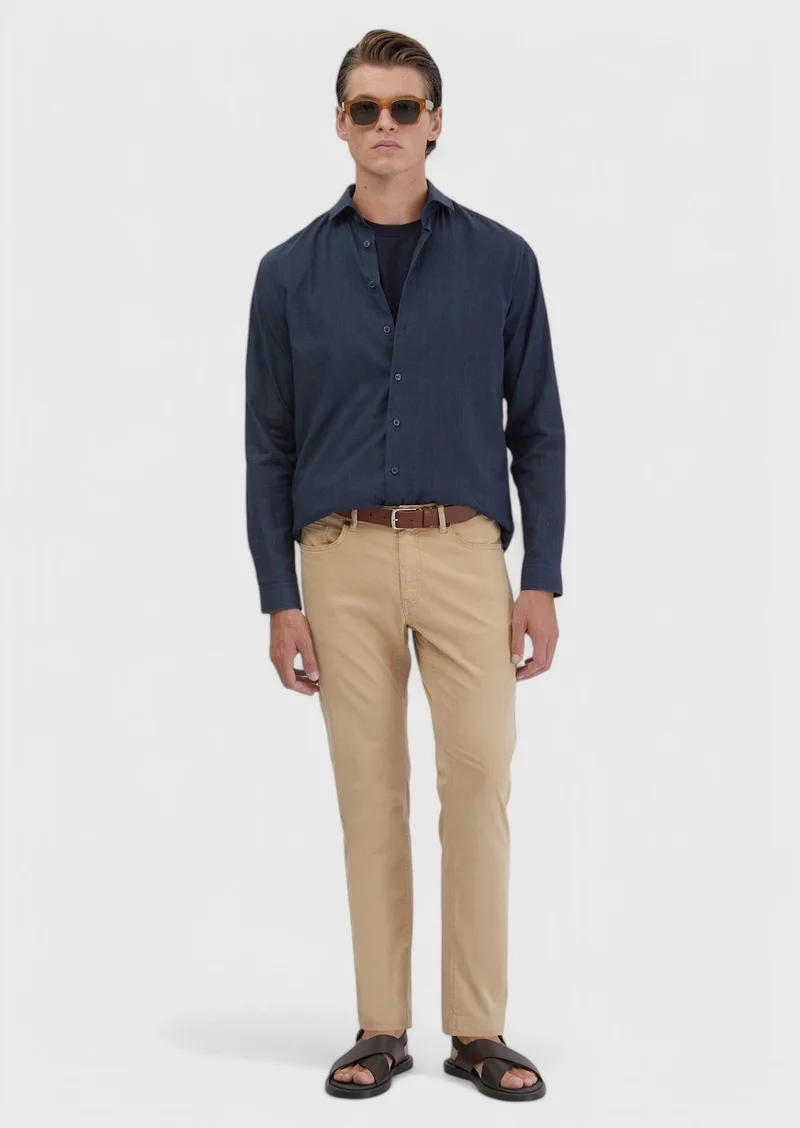 رامسي قميص قطني 100% طويل بنقشة زرقاء داكنة، بقصة كاجوال مريحة.