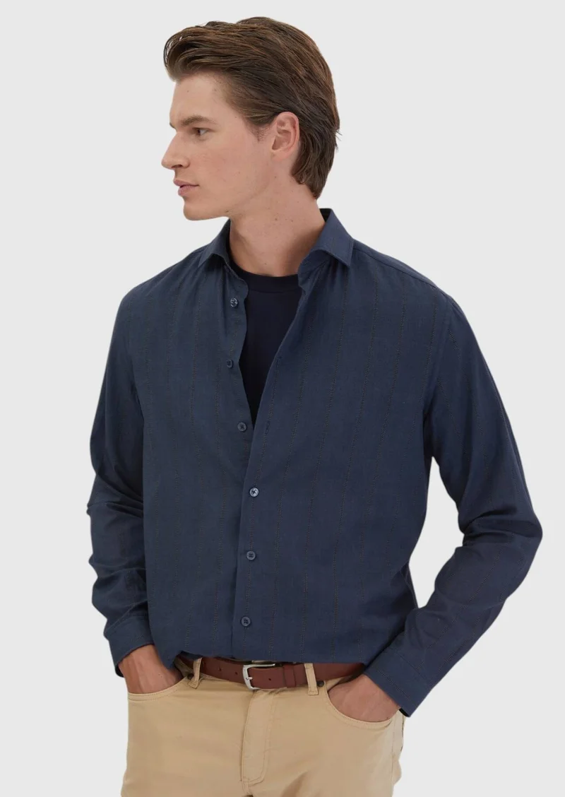 RAMSEY Navy Blue Printed Casual Fit Long Weaving Casual 100% Cotton Shirt