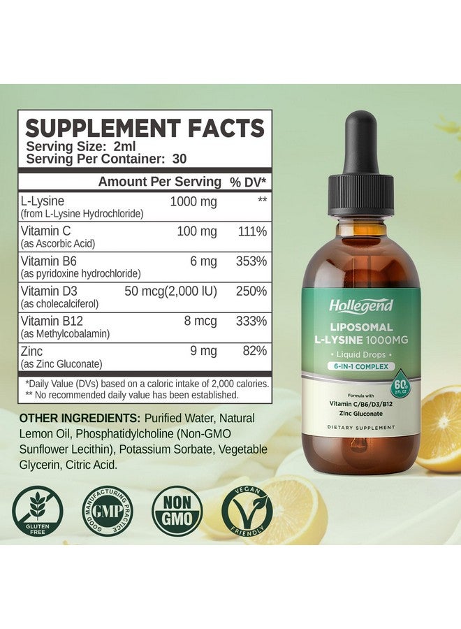 Hollegend Liposomal L-lysine 1000MG Liquid Drops, Lysine Supplement for Women & Kids with Vitamin C, B6, D3, B12 &Zinc Gluconate, Skin & Lip Health, Immune & Collagen Production Support, Lemon Flavor, 2 fl oz - Image 2