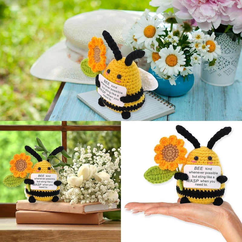 Happy Threads Bee with Sunflowers Plush with Inspirational Message Card, Handmade Crochet Emotional Support Keepsake, Cute Desk & Shelf Décor, Encouragement Gift for Friends, Teachers & Coworkers - Image 4