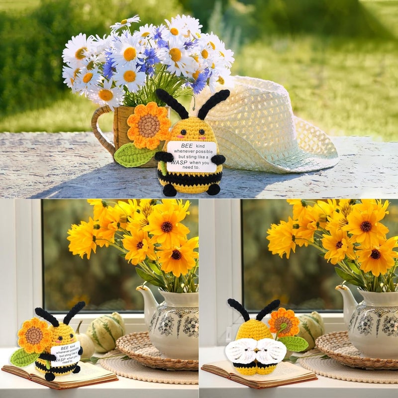 Happy Threads Bee with Sunflowers Plush with Inspirational Message Card, Handmade Crochet Emotional Support Keepsake, Cute Desk & Shelf Décor, Encouragement Gift for Friends, Teachers & Coworkers - Image 5