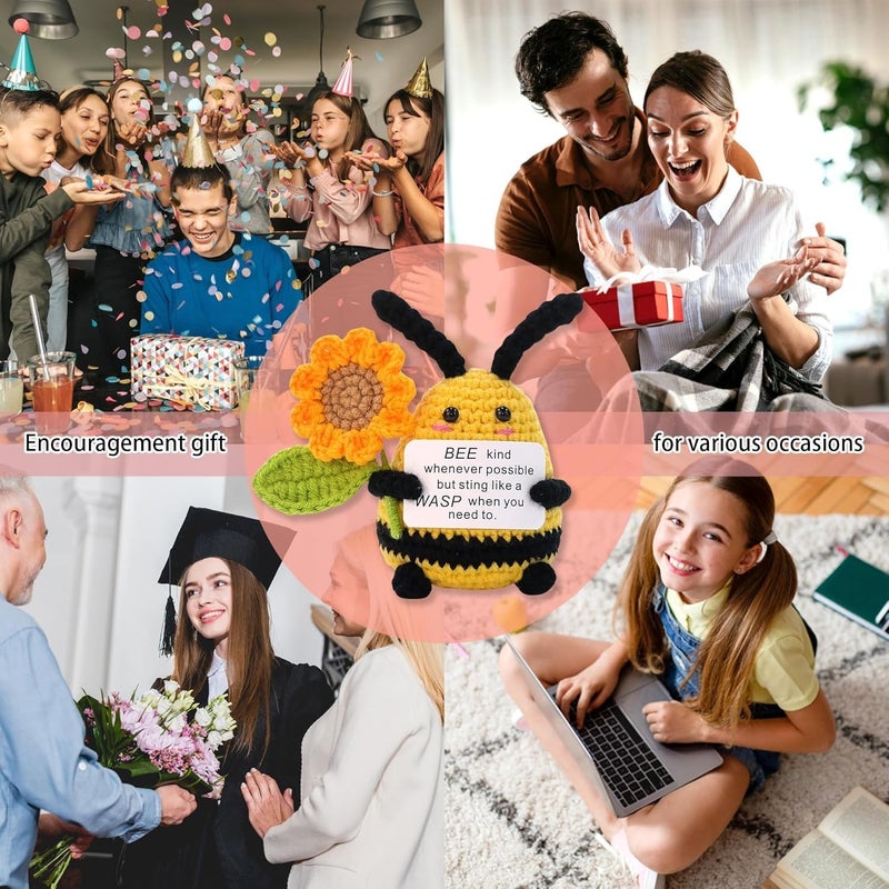 Happy Threads Bee with Sunflowers Plush with Inspirational Message Card, Handmade Crochet Emotional Support Keepsake, Cute Desk & Shelf Décor, Encouragement Gift for Friends, Teachers & Coworkers - Image 3