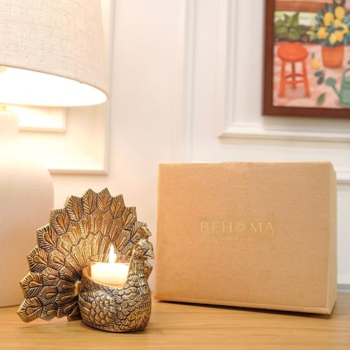 BEHOMA Metal Gold Dancing Peacock for Home Décor | Valentine’s Day, Birthday, Wedding Anniversary Romantic Gift for Women | Good Luck & Love Showpiece with Scented Glass Votive Candle (Golden,18.5cm) - Image 2