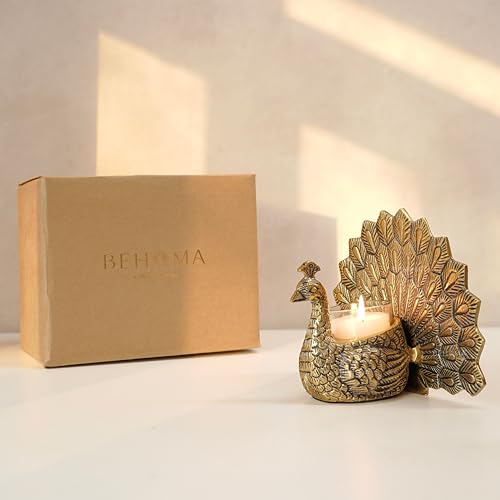 BEHOMA Metal Gold Dancing Peacock for Home Décor | Valentine’s Day, Birthday, Wedding Anniversary Romantic Gift for Women | Good Luck & Love Showpiece with Scented Glass Votive Candle (Golden,18.5cm) - Image 5