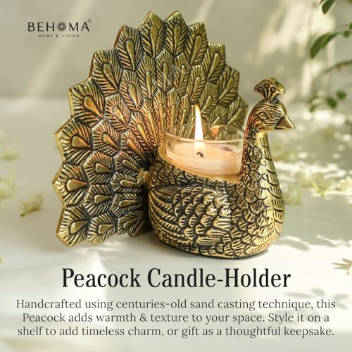 BEHOMA Metal Gold Dancing Peacock for Home Décor | Valentine’s Day, Birthday, Wedding Anniversary Romantic Gift for Women | Good Luck & Love Showpiece with Scented Glass Votive Candle (Golden,18.5cm) - Image 4