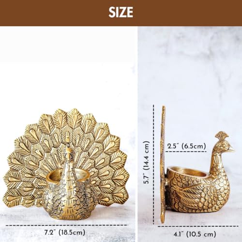 BEHOMA Metal Gold Dancing Peacock for Home Décor | Valentine’s Day, Birthday, Wedding Anniversary Romantic Gift for Women | Good Luck & Love Showpiece with Scented Glass Votive Candle (Golden,18.5cm) - Image 3