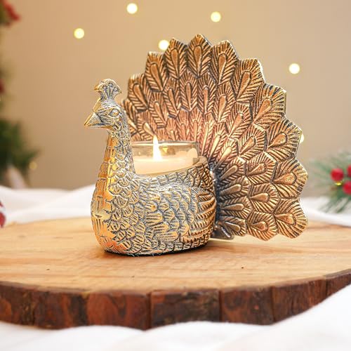 BEHOMA Metal Gold Dancing Peacock for Home Décor | Valentine’s Day, Birthday, Wedding Anniversary Romantic Gift for Women | Good Luck & Love Showpiece with Scented Glass Votive Candle (Golden,18.5cm) - Image 1