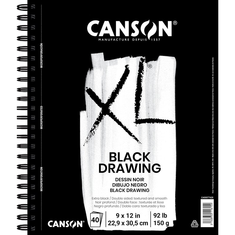 Canson XL Series Drawing Paper, Black, Wirebound Pad, 9x12 inches, 40 Sheets (92lb/150g) - Artist Paper for Adults and Students - Colored Pencil, Ink, Pastel, Marker - Image 1