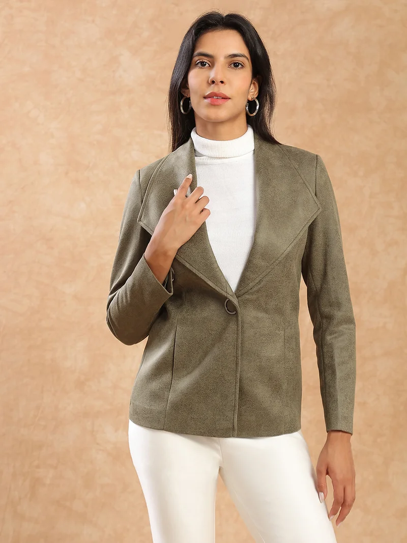 جلو باص معطف شتوي نسائي من جلد الغزال بياقة شال وتصميم ذاتي وجيوب ناعمة