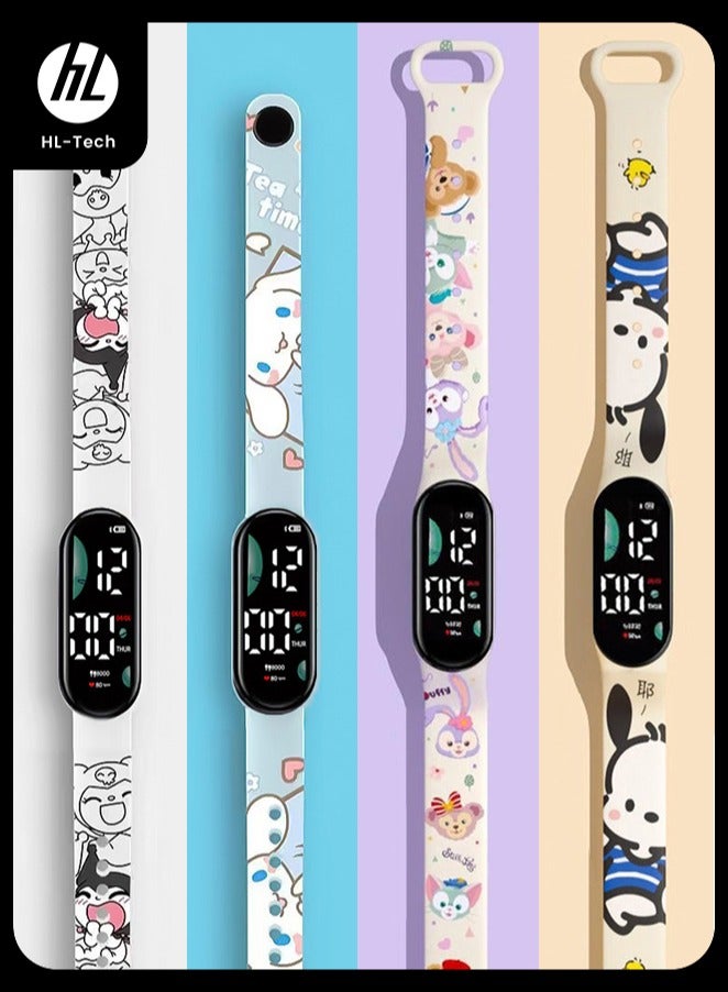 إتش إل تيك ساعة أطفال كرتونية 4 قطع، ساعة لمسة إلكترونية ضوئية LED كرتونية للأطفال المائية-هدية جميلة كرتونية للأطفال-تصميم LED الركوب الإلكتروني للأولاد اليومية المائية - Image 1
