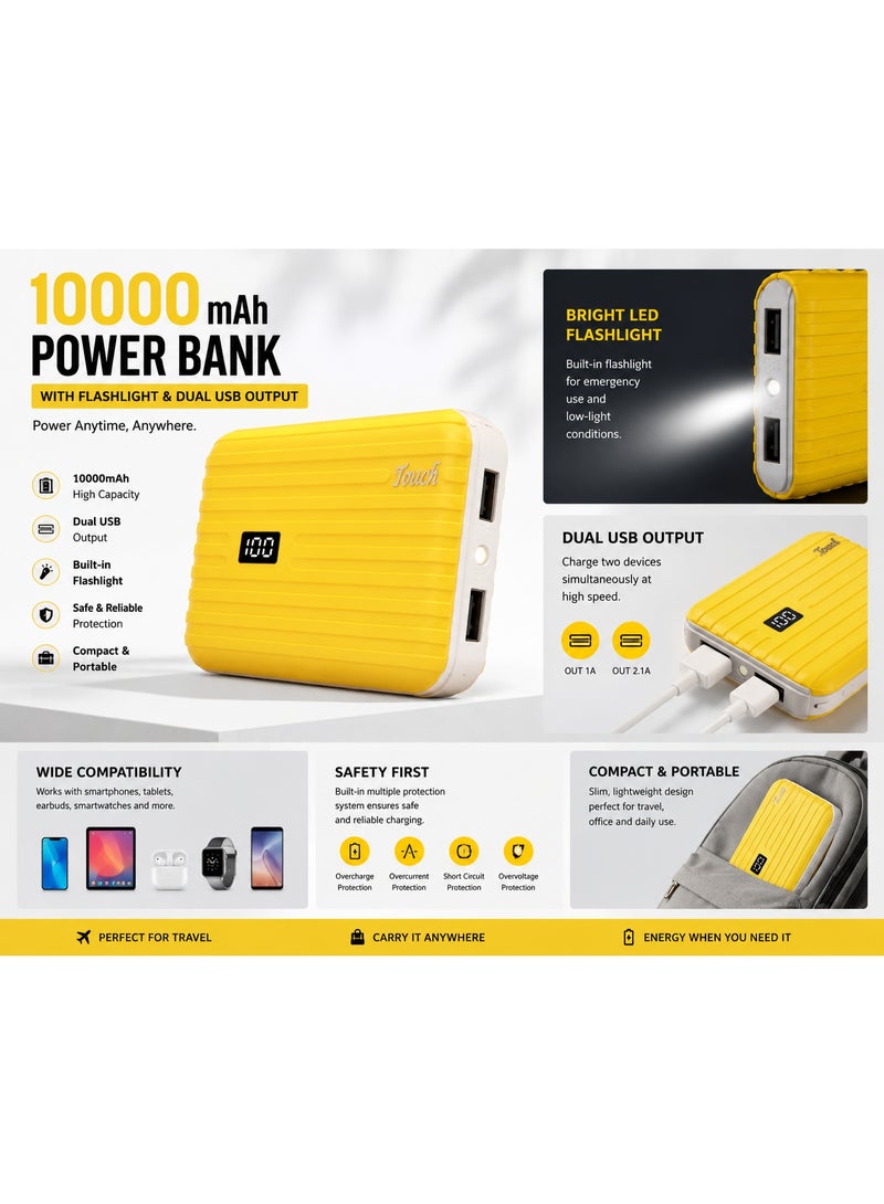 Touch 10000 mAh Power Bank with Flashlight and Dual USB Outputs, Yellow - Image 2