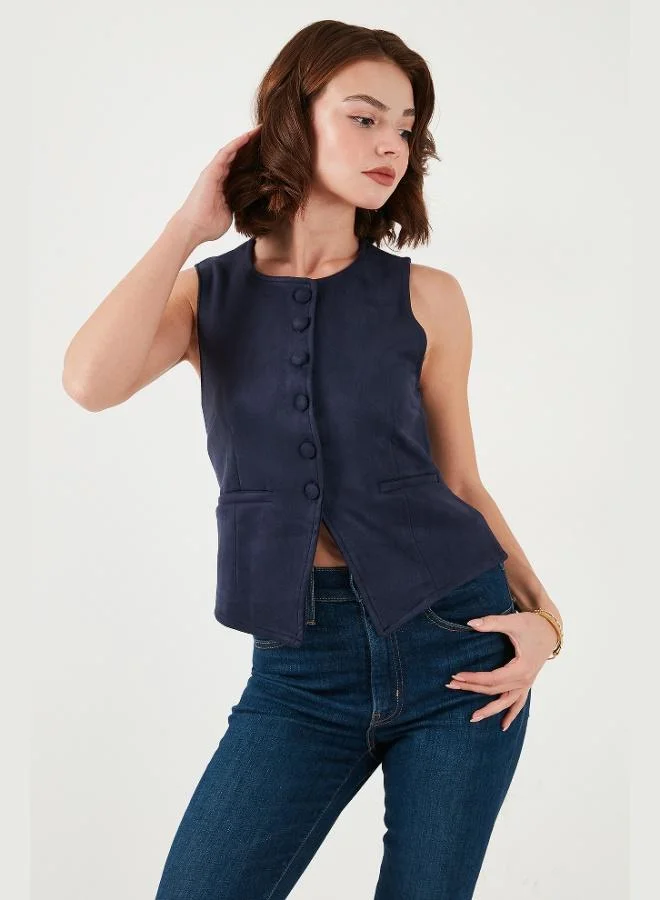 Lela Lela Fitted Fit Crew Neck Buttoned Soft Textured Vest Women's VEST 5866435