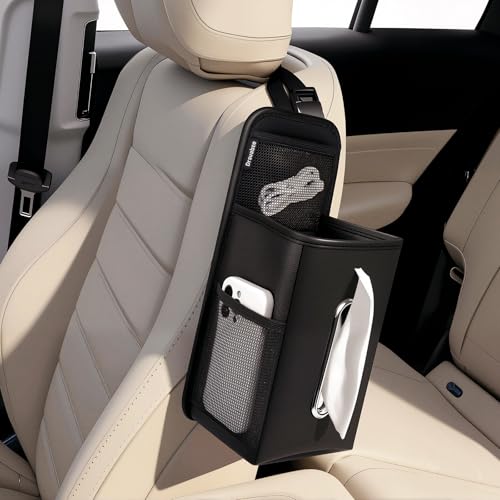 Drsvabze Car Tissue Holder for Kleenex 60/120/160/180 Count,Rectangular Car Storage Box, Side Mount Organizer with 3 Mesh Pockets, Hanging Bag, Waterproof PU Leather, for Front and Back Seat - Image 1