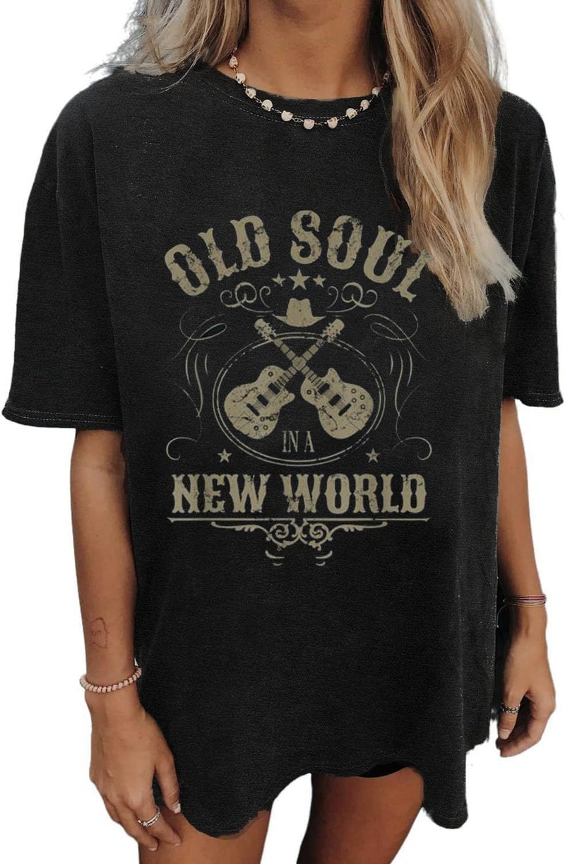 Oversized Rock Band T-Shirt Women Country Music Shirt Tops Nashville Music City Tshirt Vintage Guitar Wings Graphic Tees(Medium,Black-7)