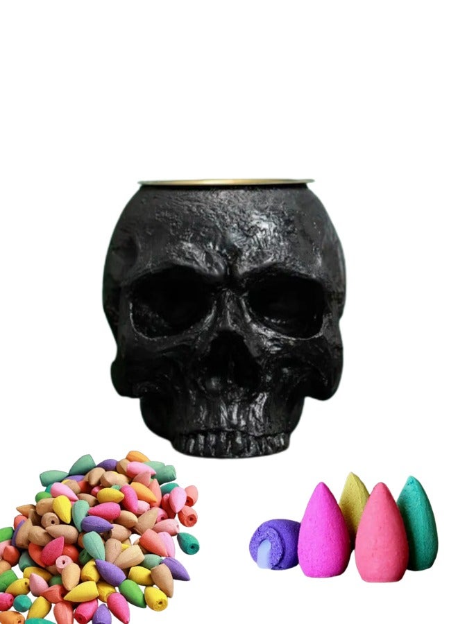 Attractive Dark Black Skull Incense Burner, Home and Office Decoration with 10 Pieces of Incense