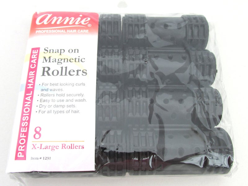Annie Snap-On Magnetic Hair Rollers â€“ X-Large 1 1/8 Inch with Locking Snap-Over Hood â€“ Secure Hold No Pins Needed â€“ Black, 8 Count