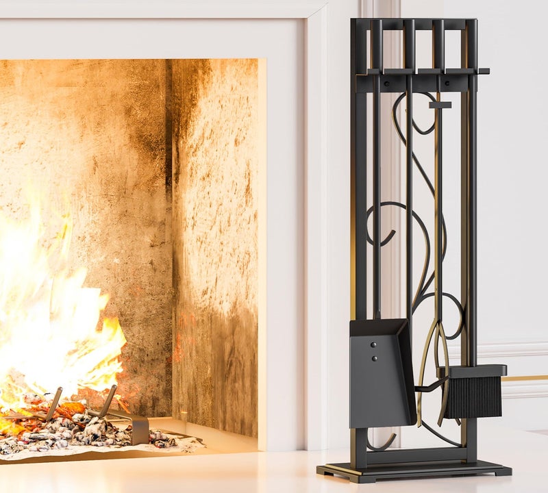 Kingson 5Piece Heavy Duty Wrought Iron Fireplace Tool Set Durable Indoor Outdoor Fireplace Accessories with Decorative Black Finish Stylish and Functional Hearth Dcor for Fireplaces