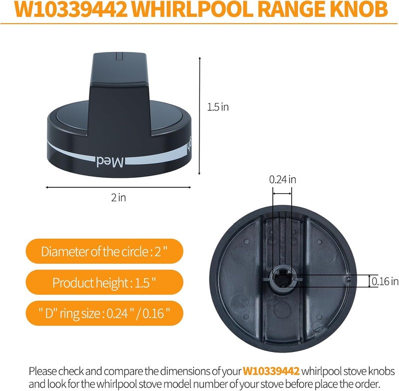 atgestore Upgraded W10339442 Stove Knobs Replacement for Whirlpool Stove Parts WPW10339442 Burner Knob WFG320M0BW2 WFG505M0BS0 Whirlpool Gas Range Parts Oven Cooktop Burner Control Knobs Black 4Pcs - Image 2