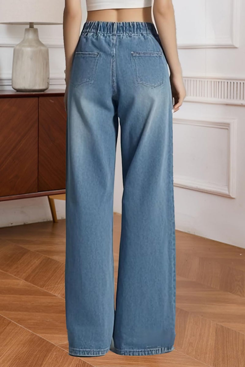 CaniBtr Drawstring Jeans Women High Elastic Waisted Stretch Wide Leg Straight Baggy Trouser Jeans Blue XL - Image 2