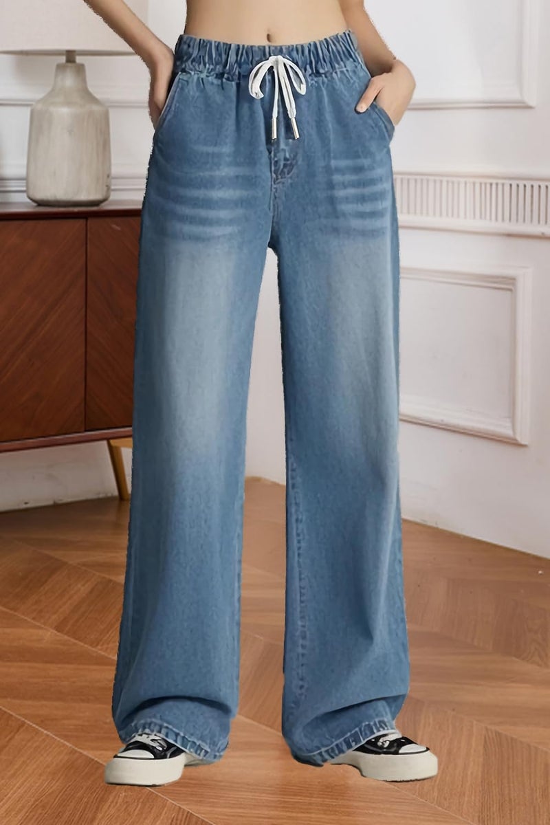 CaniBtr Drawstring Jeans Women High Elastic Waisted Stretch Wide Leg Straight Baggy Trouser Jeans Blue XL - Image 3