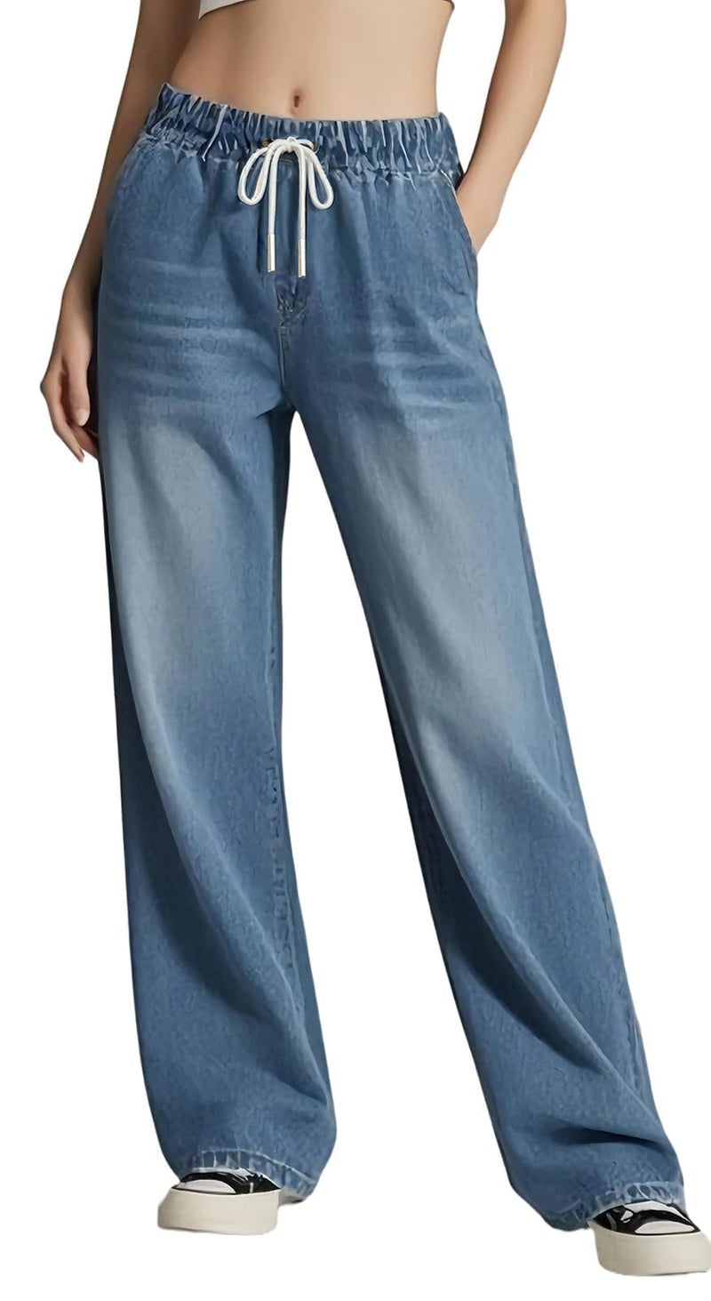 CaniBtr Drawstring Jeans Women High Elastic Waisted Stretch Wide Leg Straight Baggy Trouser Jeans Blue XL - Image 1
