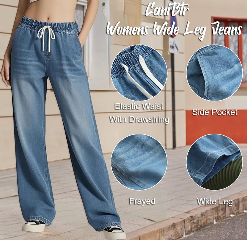 CaniBtr Drawstring Jeans Women High Elastic Waisted Stretch Wide Leg Straight Baggy Trouser Jeans Blue XL - Image 4