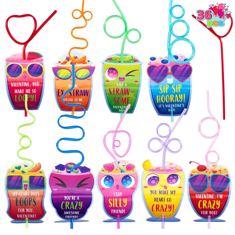 JOYIN 36 Pack Valentines Day Gift Cards with Colorful Loop Reusable Drinking Straws for Valentine Party Favors Toy Kids Classroom Gift Exchange Prizes