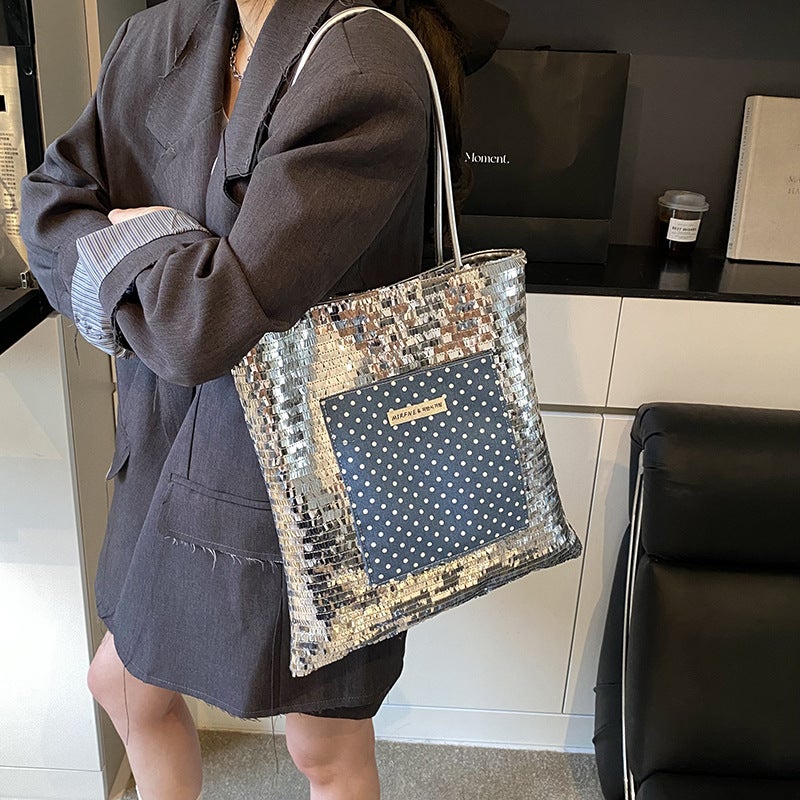 Trendy Silver Sequin Large Bag For Women 2026 New Fashion Commuter Tote Bag Summer Textured Shoulder Underarm Bag - Image 3