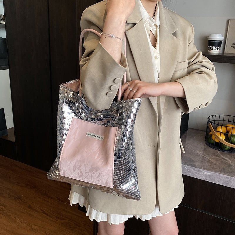Trendy Silver Sequin Large Bag For Women 2026 New Fashion Commuter Tote Bag Summer Textured Shoulder Underarm Bag - Image 4